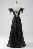 A-Line Spalla fredda Paillettes Abito lungo da ballo con spacco