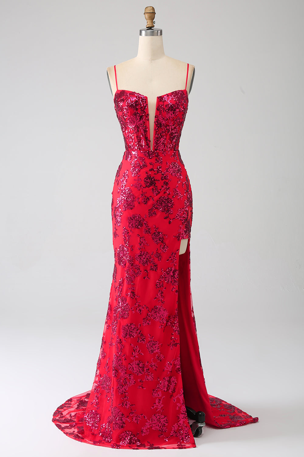 Mermaid rosso scuro paillettes abito da ballo con fessura