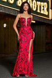 Elegante sirena Spaghetti Straps Rosso scuro Corsetto Prom Dress con Split Front