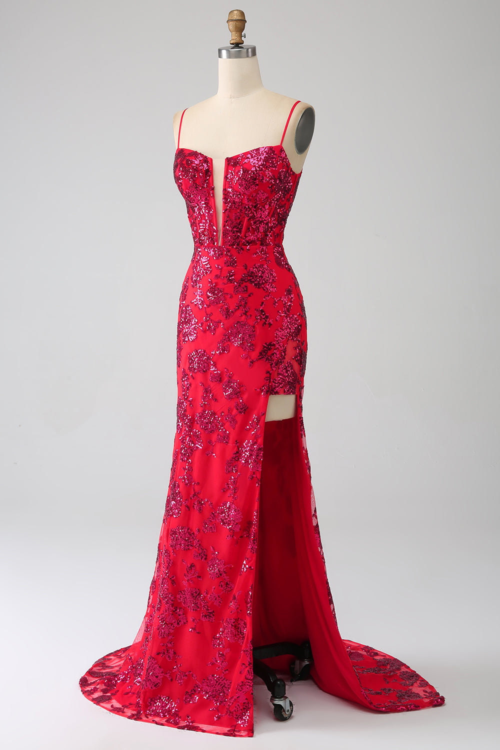Mermaid rosso scuro paillettes abito da ballo con fessura