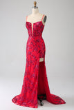 Mermaid rosso scuro paillettes abito da ballo con fessura