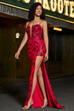 Elegante sirena Spaghetti Straps Rosso scuro Corsetto Prom Dress con Split Front
