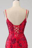 Mermaid rosso scuro paillettes abito da ballo con fessura