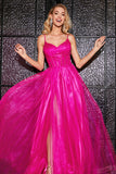 Hot Pink A-Line Spalline sottili lungo Corsetto vestito da ballo con fessura