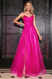 Hot Pink A-Line Spalline sottili lungo Corsetto vestito da ballo con fessura