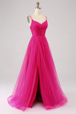 Fucsia A-Line Spalline sottili Abito Corsetto lungo Abito da ballo con Spacco
