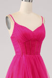 Fucsia A-Line Spalline sottili Abito Corsetto lungo Abito da ballo con Spacco