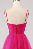 Fucsia A-Line Spalline sottili Abito Corsetto lungo Abito da ballo con Spacco