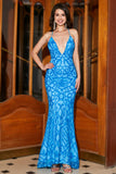 Spaghetti Alla Sirena Spalline Paillettes Blu Abito Lungo Ballo