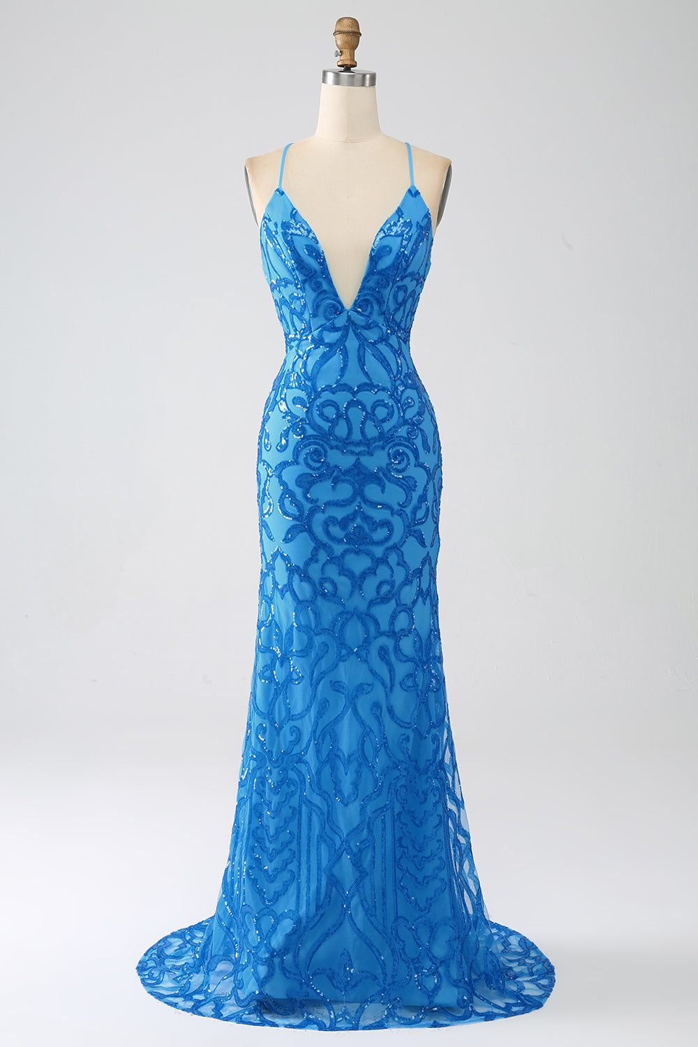 Blu Sirena Spaghetti Straps Paillettes Abito Lungo Prom