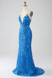 Blu Sirena Spaghetti Straps Paillettes Abito Lungo Prom