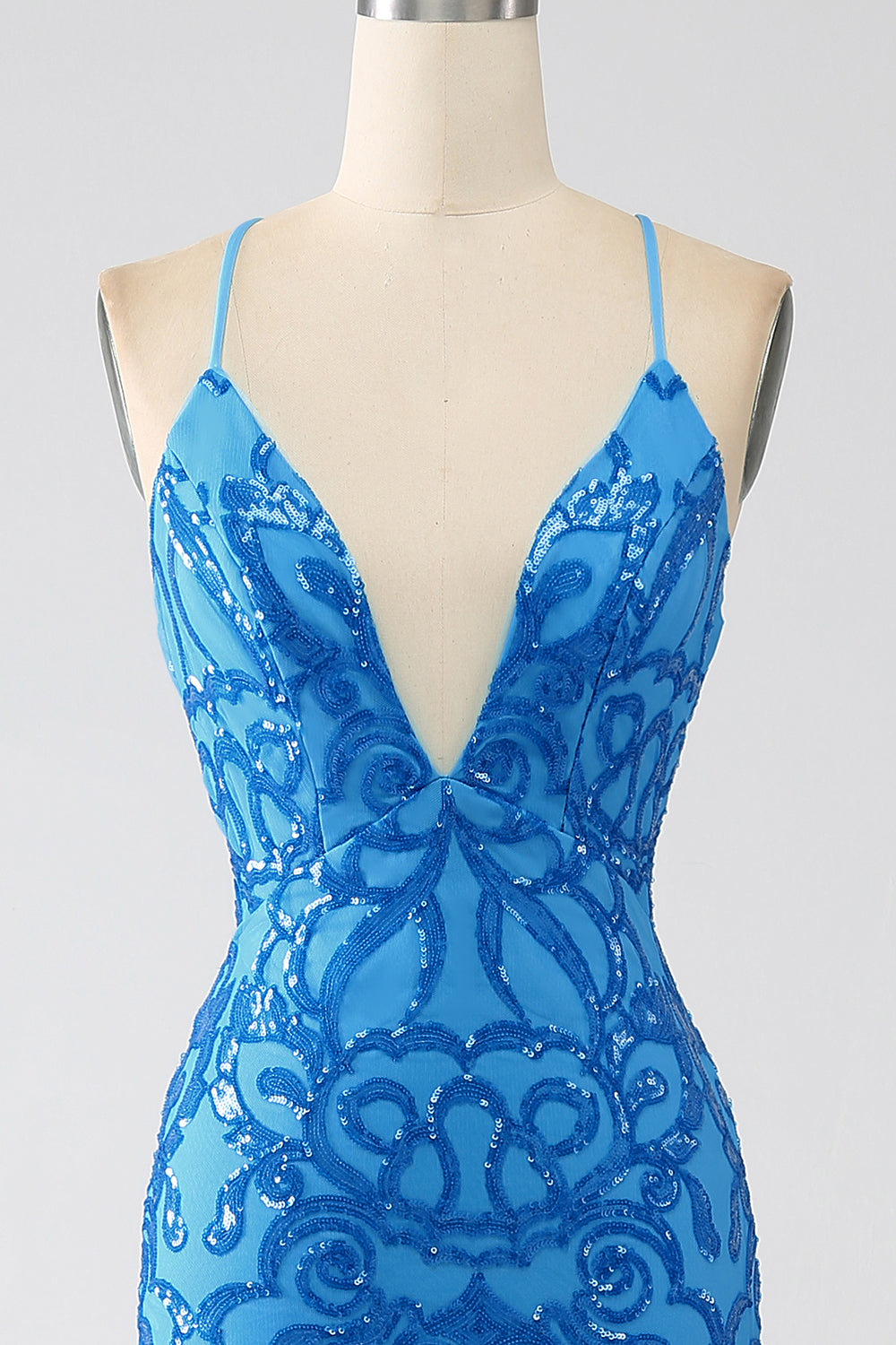 Blu Sirena Spaghetti Straps Paillettes Abito Lungo Prom