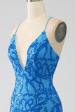 Blu Sirena Spaghetti Straps Paillettes Abito Lungo Prom