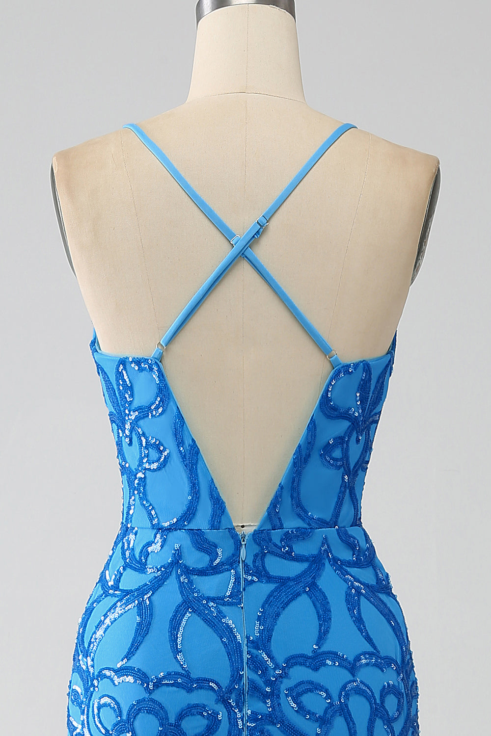 Blu Sirena Spaghetti Straps Paillettes Abito Lungo Prom