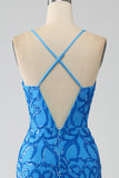 Blu Sirena Spaghetti Straps Paillettes Abito Lungo Prom