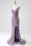 Sparkly Mermaid Light Purple Paillettes Prom Dress con fessura