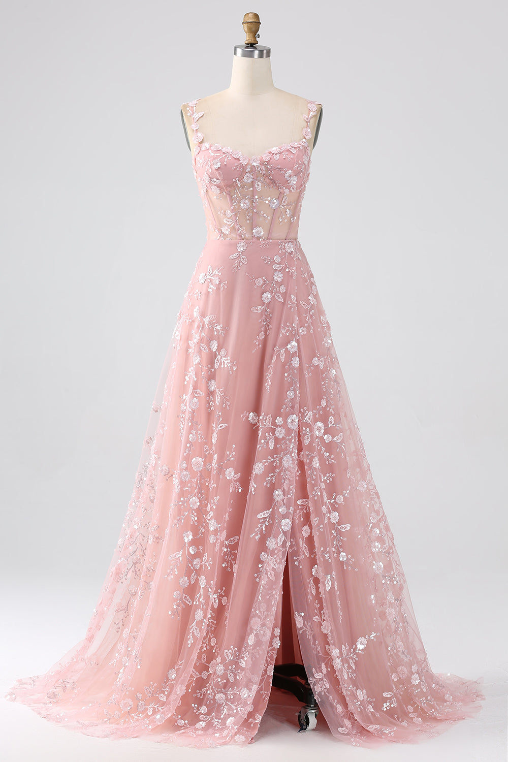 Scintillante Blush A Line Spalline sottili Paillettes Corsetto Abito da ballo Con Fessura