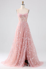 Scintillante Blush A Line Spalline sottili Paillettes Corsetto Abito da ballo Con Fessura