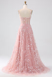 Scintillante Blush A Line Spalline sottili Paillettes Corsetto Abito da ballo Con Fessura