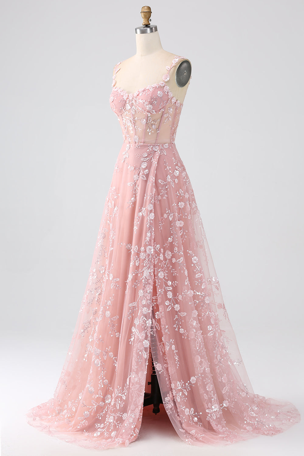 Scintillante Blush A Line Spalline sottili Paillettes Corsetto Abito da ballo Con Fessura