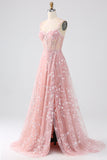 Scintillante Blush A Line Spalline sottili Paillettes Corsetto Abito da ballo Con Fessura