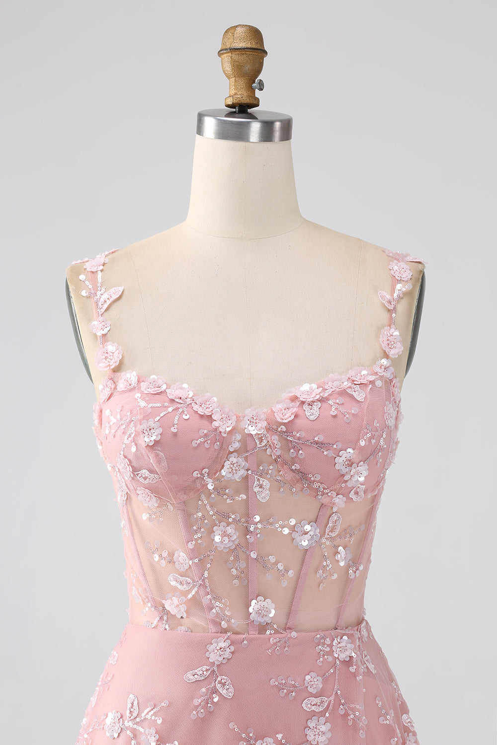 Scintillante Blush A Line Spalline sottili Paillettes Corsetto Abito da ballo Con Fessura