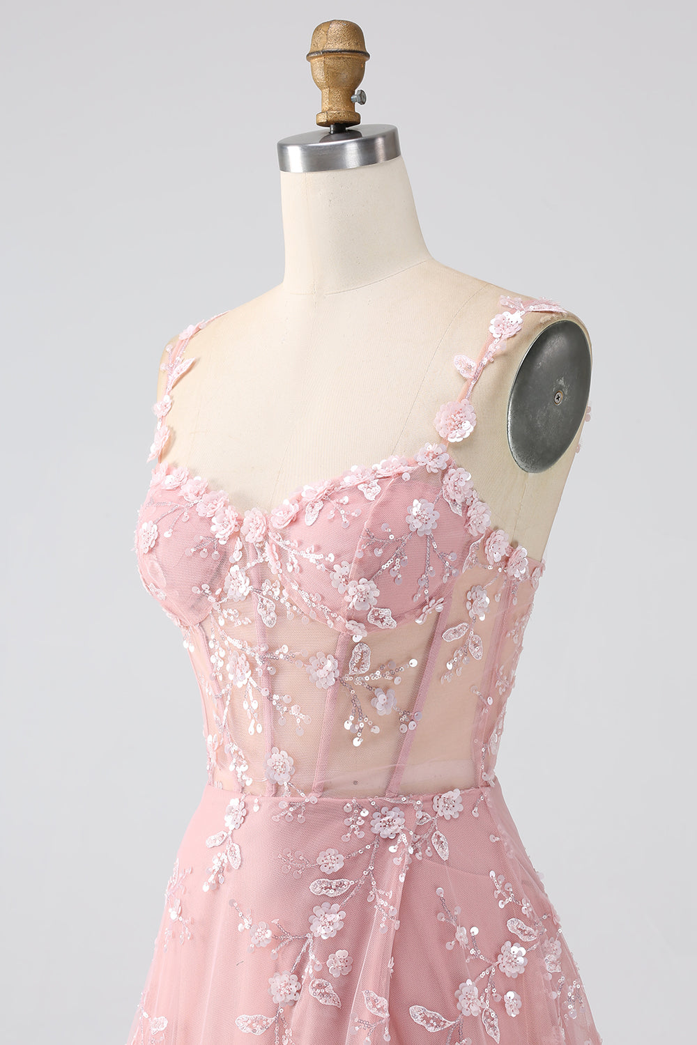 Scintillante Blush A Line Spalline sottili Paillettes Corsetto Abito da ballo Con Fessura
