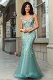 Splendida sirena Spaghetti Straps Abito da ballo corsetto verde chiaro con appliques