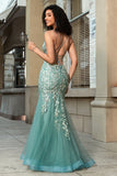 Splendida sirena Spaghetti Straps Abito da ballo corsetto verde chiaro con appliques