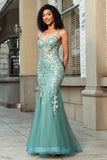 Splendida sirena Spaghetti Straps Abito da ballo corsetto verde chiaro con appliques