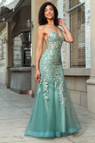 Splendida sirena Spaghetti Straps Abito da ballo corsetto verde chiaro con appliques