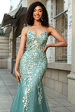 Splendida sirena Spaghetti Straps Abito da ballo corsetto verde chiaro con appliques