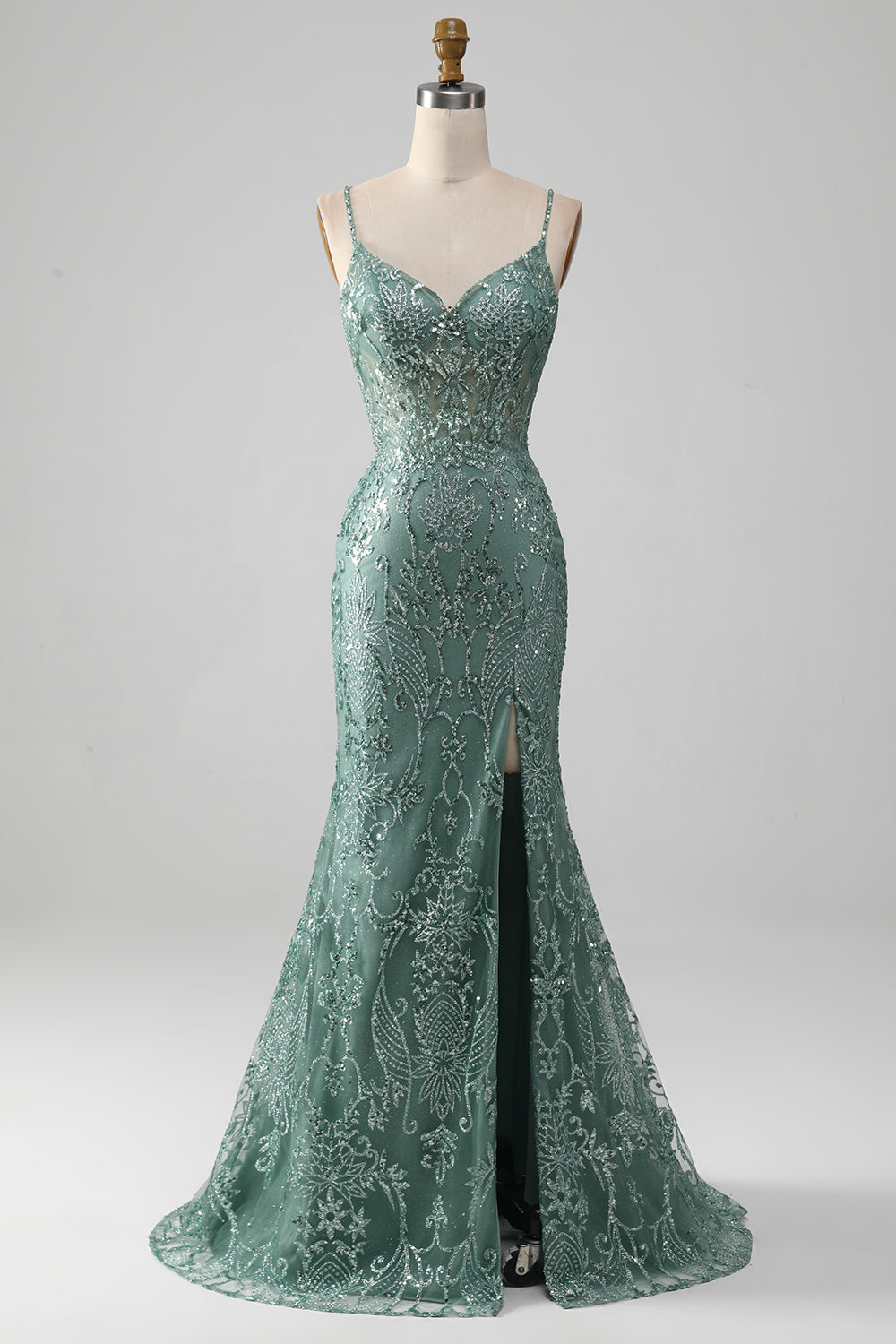Spaghetti Staps Sparkly Grigio Verde Prom Dress con perline