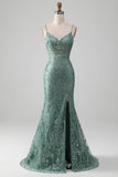 Spaghetti Staps Sparkly Grigio Verde Prom Dress con perline