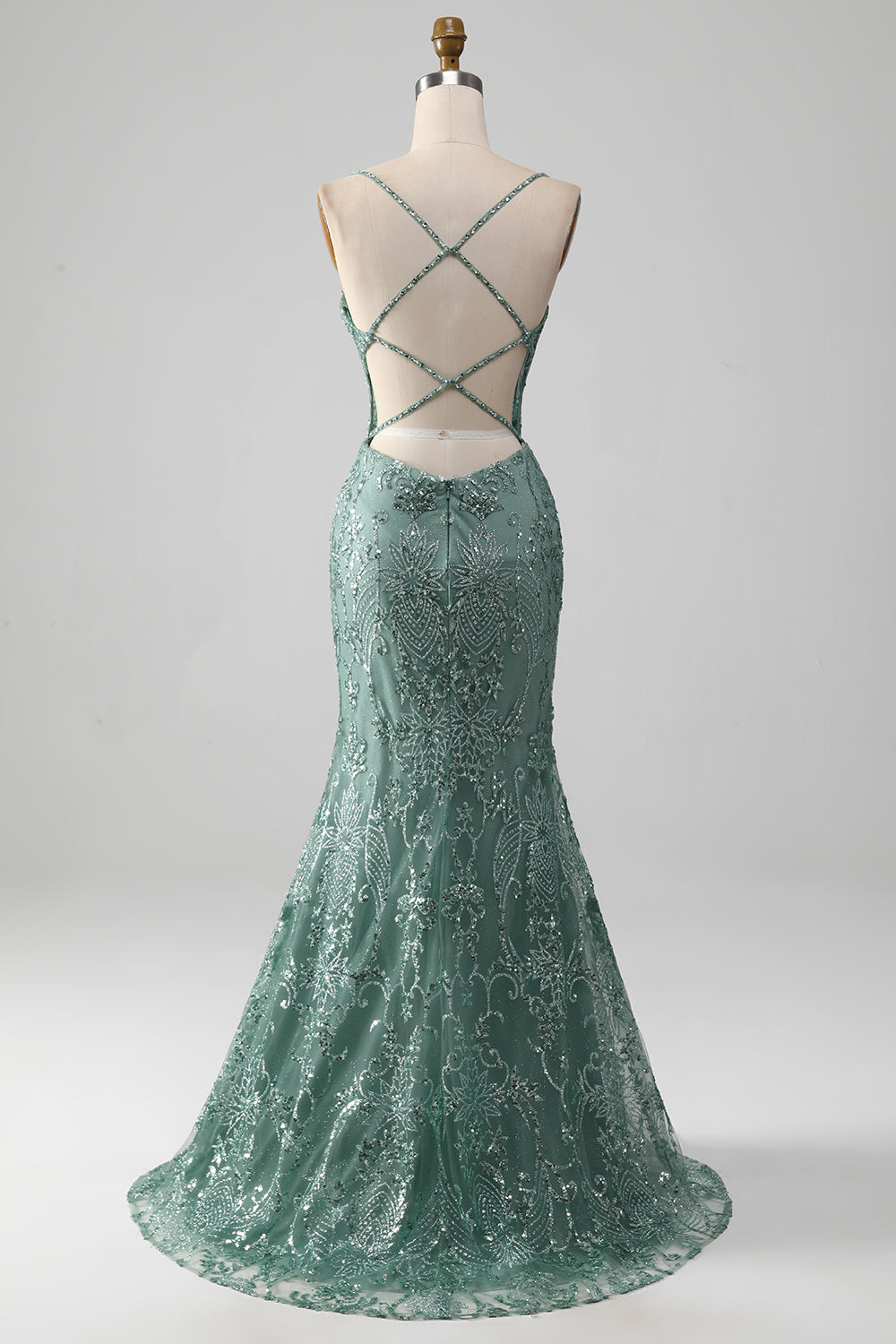 Spaghetti Staps Sparkly Grigio Verde Prom Dress con perline