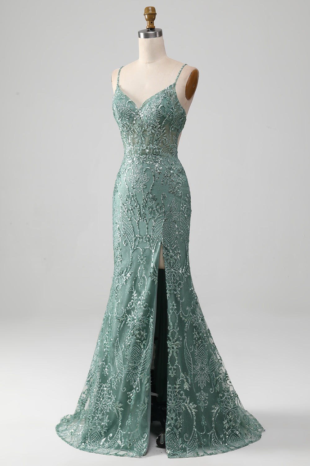 Spaghetti Staps Sparkly Grigio Verde Prom Dress con perline