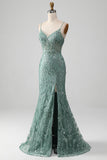 Spaghetti Staps Sparkly Grigio Verde Prom Dress con perline