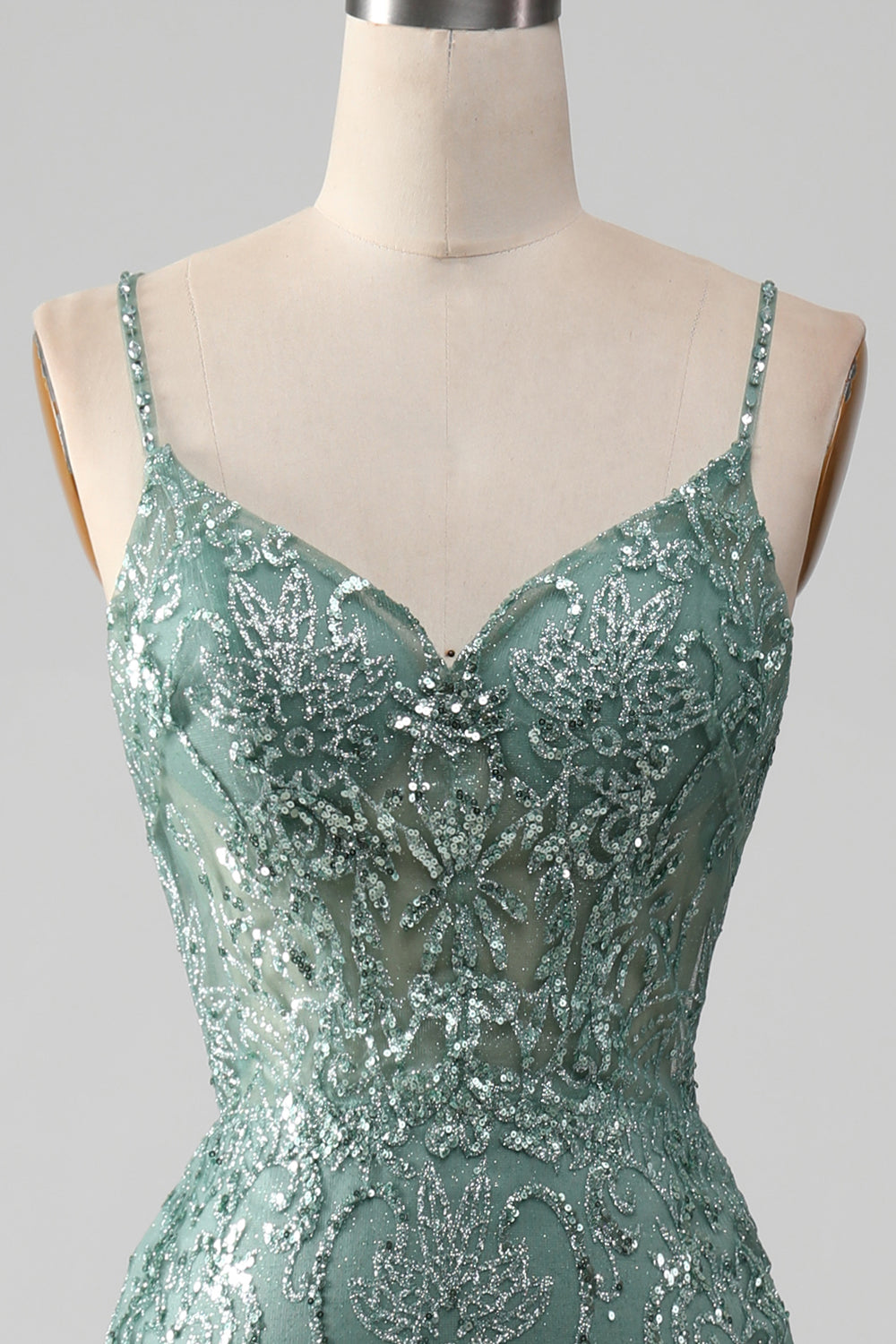 Spaghetti Staps Sparkly Grigio Verde Prom Dress con perline