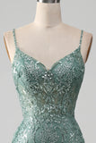Spaghetti Staps Sparkly Grigio Verde Prom Dress con perline