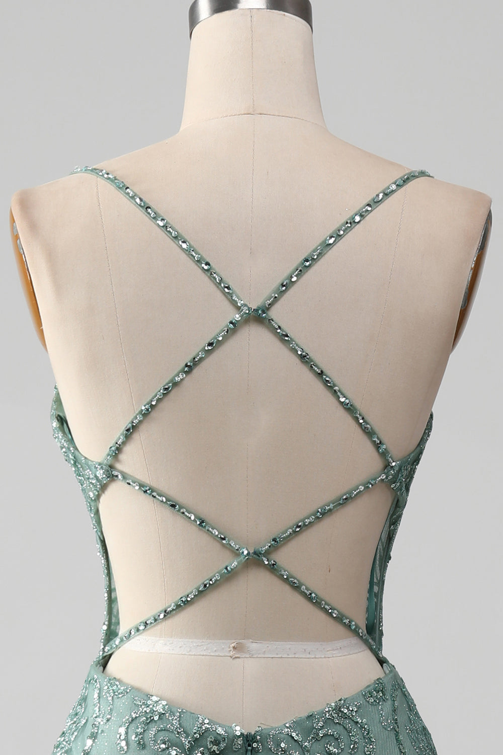 Spaghetti Staps Sparkly Grigio Verde Prom Dress con perline