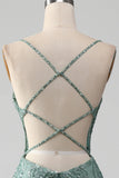 Spaghetti Staps Sparkly Grigio Verde Prom Dress con perline