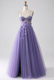 Viola A-Line Spalline sottili Corsetto Abito da ballo con fiori 3D