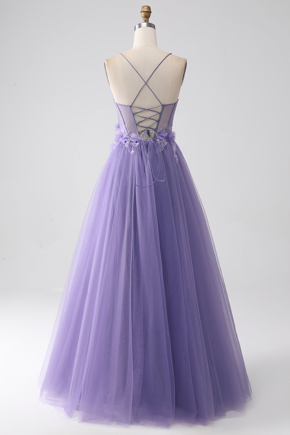 Viola A-Line Spalline sottili Corsetto Abito da ballo con fiori 3D