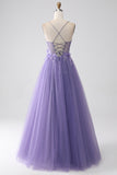Viola A-Line Spalline sottili Corsetto Abito da ballo con fiori 3D