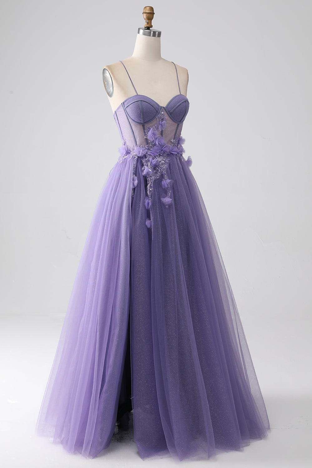 Viola A-Line Spalline sottili Corsetto Abito da ballo con fiori 3D