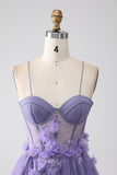 Viola A-Line Spalline sottili Corsetto Abito da ballo con fiori 3D