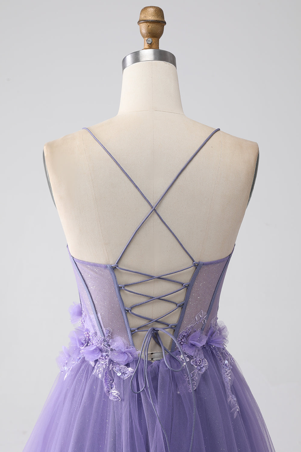 Viola A-Line Spalline sottili Corsetto Abito da ballo con fiori 3D