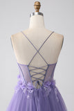 Viola A-Line Spalline sottili Corsetto Abito da ballo con fiori 3D