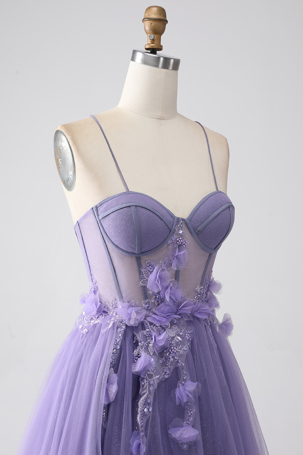 Viola A-Line Spalline sottili Corsetto Abito da ballo con fiori 3D