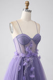 Viola A-Line Spalline sottili Corsetto Abito da ballo con fiori 3D
